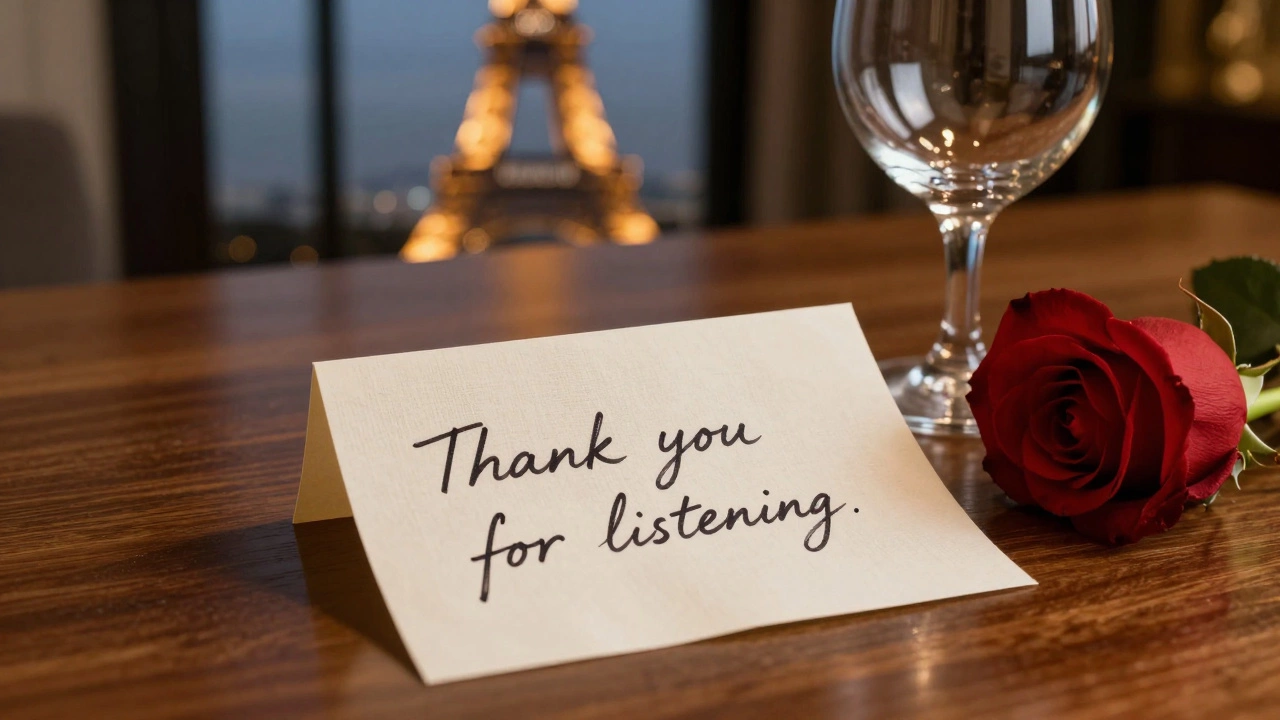 A handwritten thank-you note beside a wine glass and rose, with the Eiffel Tower glowing softly in the background.
