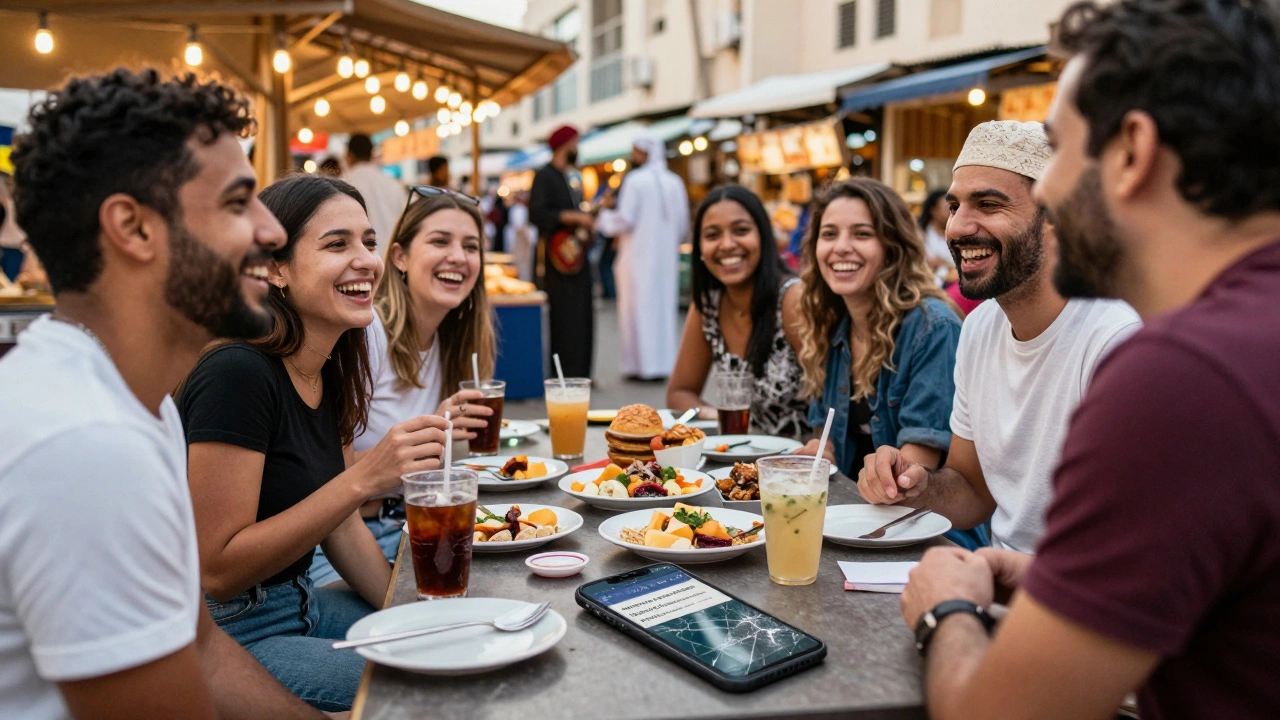Diverse travelers enjoying a bustling Dubai food market, with a broken phone showing a blocked escort site in the background.