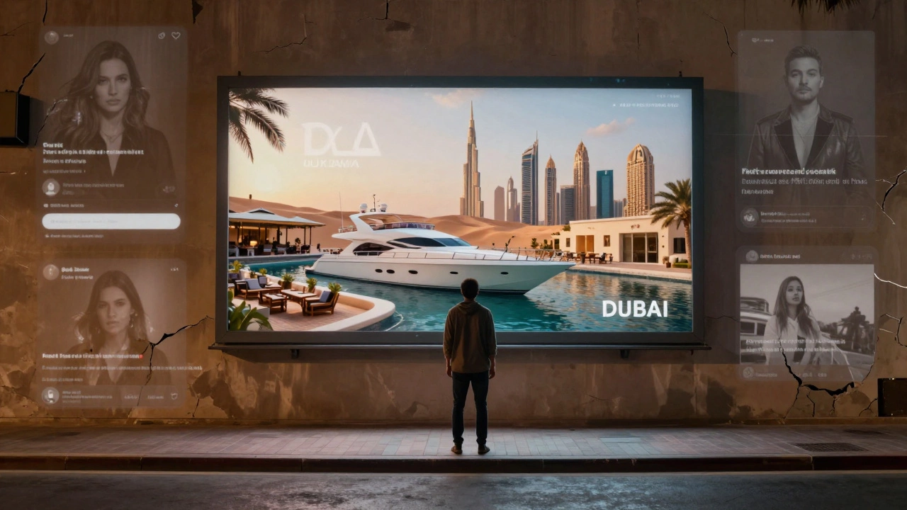 Traveler facing a luxury Dubai billboard while ghostly fake escort websites fade behind him on crumbling walls.