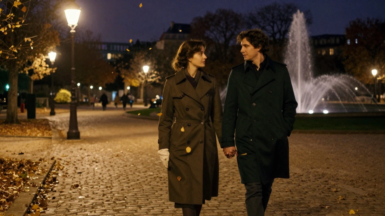 Two people walking peacefully through Luxembourg Gardens in Paris at night, autumn leaves falling around them.